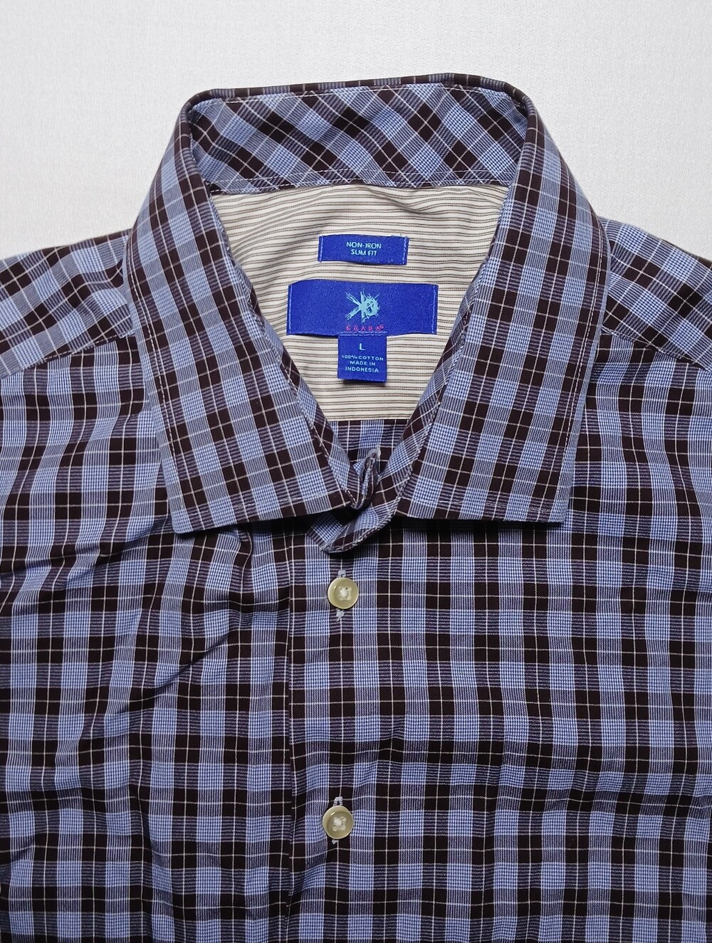 Egara Non Iron Slim Fit Button Up Long Sleeve Shirt Large Plaid Blue Brown